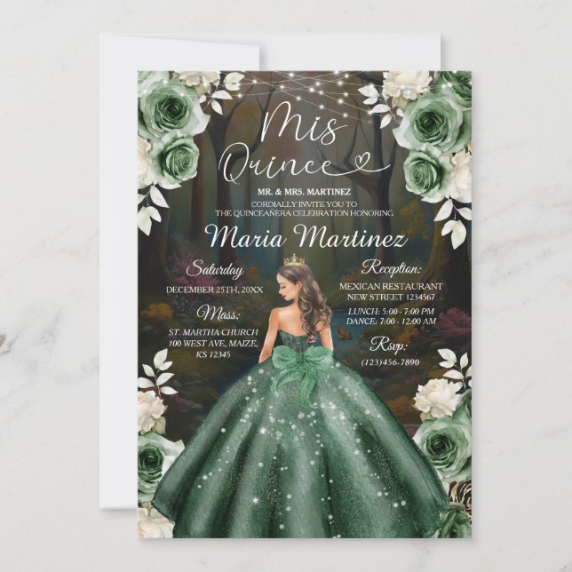 Emerald Green Enchanted Forest Princess Mis Quince Invitation (Front)