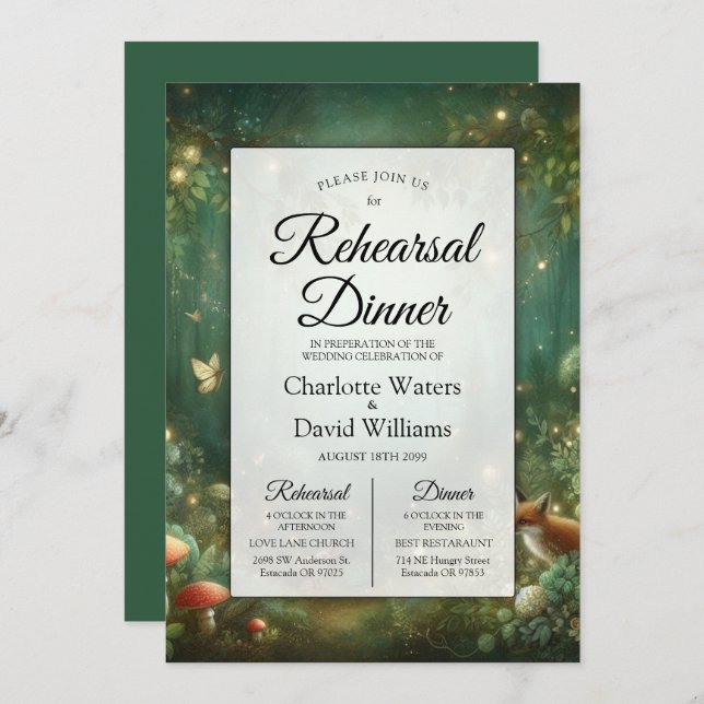 Emerald Green Enchanted Forest Rehearsal Dinner Invitation (Front/Back)
