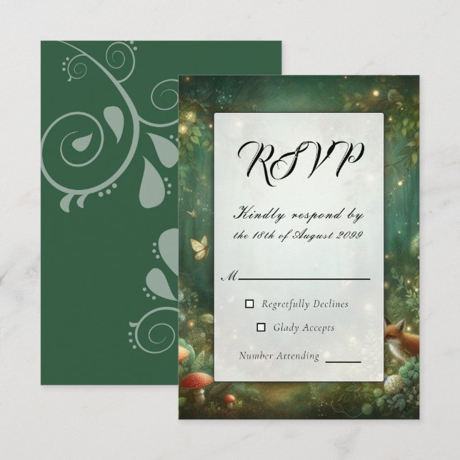 Emerald Green Enchanted Forest Wedding RSVP Card (Front/Back)