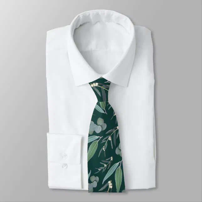 Teal Gray Eucalyptus Greenery Pattern Neck Tie, Adult Unisex, Size: Large, Grey/Blue Grey/Grey Green