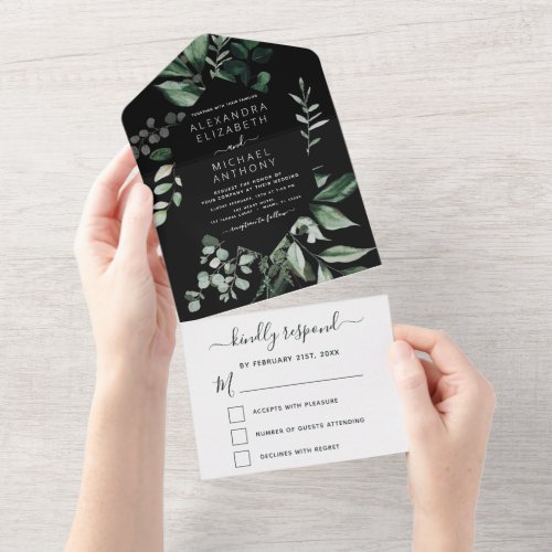 Emerald Green Eucalyptus Greenery Wedding All In One Invitation