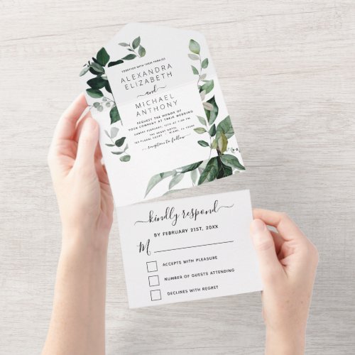 Emerald Green Eucalyptus Greenery Wedding All In One Invitation