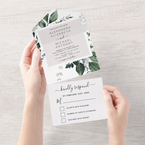 Emerald Green Eucalyptus Greenery Wedding All In One Invitation