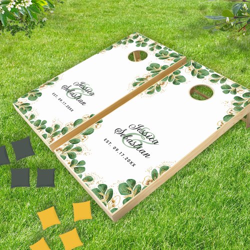 Emerald Green Eucalyptus Greenery Wedding Party Cornhole Set