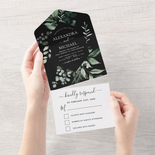 Emerald Green Eucalyptus Greenery Wedding RSVP All In One Invitation