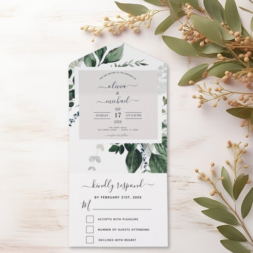 Emerald Green Eucalyptus Greenery Wedding RSVP All In One Invitation