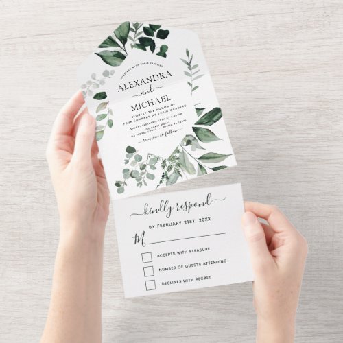 Emerald Green Eucalyptus Greenery Wedding RSVP All In One Invitation