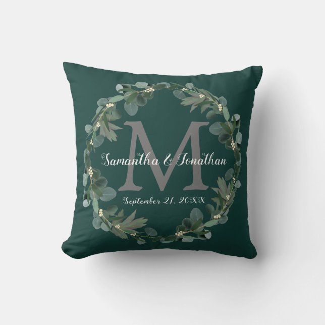 Emerald Green Eucalyptus Monogram Wedding Keepsake Throw Pillow (Front)