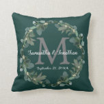 Emerald Green Eucalyptus Monogram Wedding Keepsake Throw Pillow<br><div class="desc">Here's a lovely, modern wedding keepsake gift for the bride and groom. The design features the couple's monogram initial together with their names and wedding date on an elegant emerald green background. All this encircled by a beautiful botanical eucalyptus wreath. If you have a design question or would like to...</div>