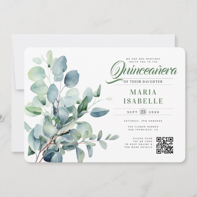 Emerald Green Eucalyptus Sage QR Code Quinceañera Invitation (Front)