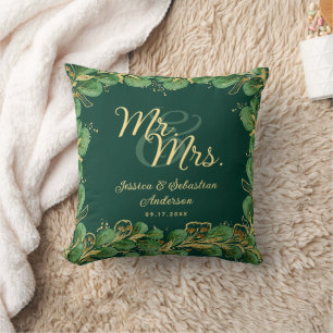 Emerald Green Eucalyptus Wedding Mr and Mrs Throw Pillow
