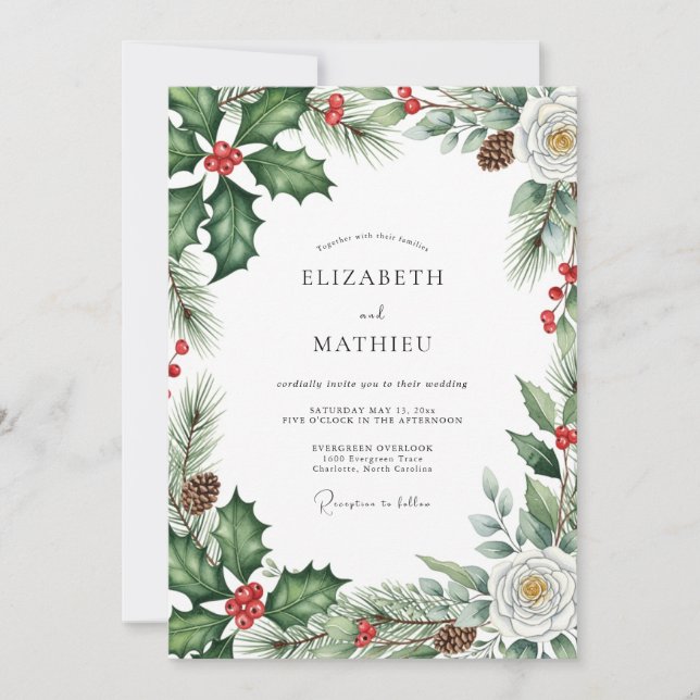 Emerald Green Evergreen Winter Wedding Invitation (Front)