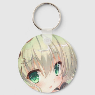 Emerald green eyes yellow green hair anime girl  keychain