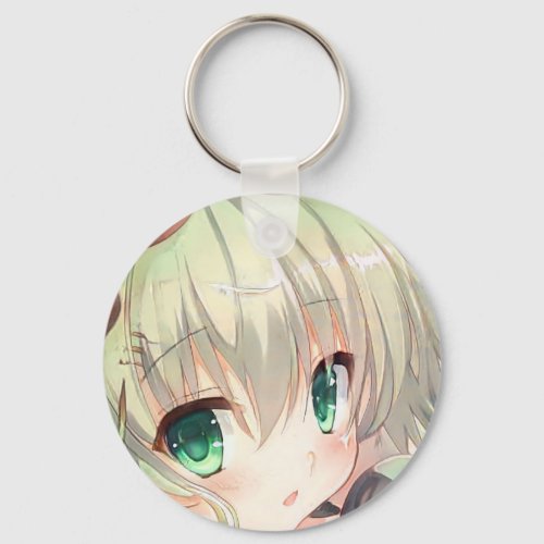 Emerald green eyes yellow green hair anime girl  keychain