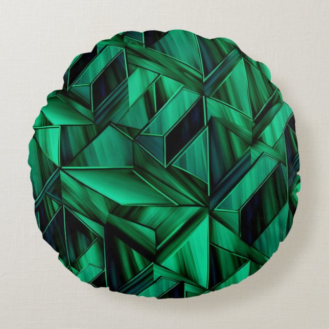 Emerald Green Facets with Deep Geometric Shadows Round Pillow (Front)