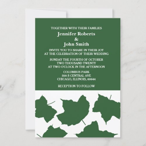 Emerald Green Fall Leaf White Boho Trendy Wedding Invitation