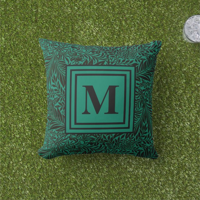 Emerald Green Family Monogram Botanical Pattern Outdoor Pillow (Grass)