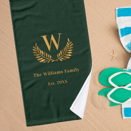 Emerald green family monogram laurel wreath bath towel set