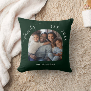 Emerald green family photo name year throw pillow