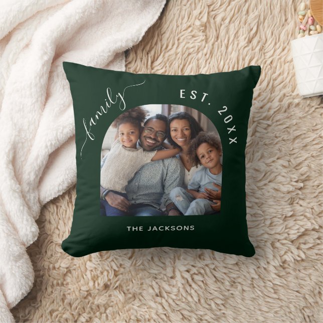 Emerald green family photo name year throw pillow (Blanket)