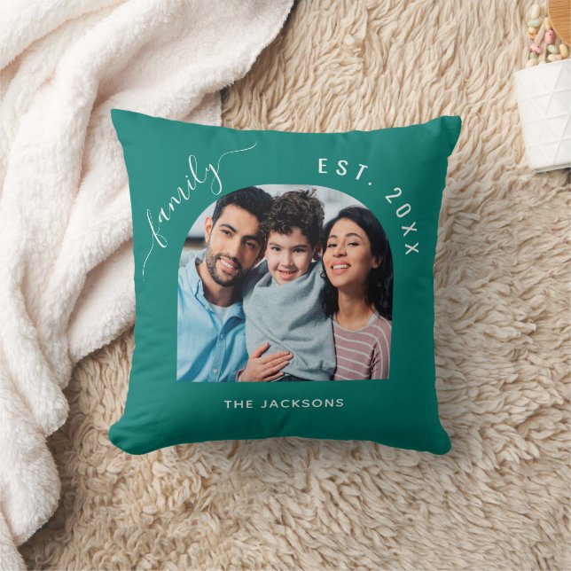 Emerald green family photo name year throw pillow (Blanket)