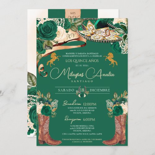 Emerald Green Fancy Mariachi Charro Quinceanera Invitation