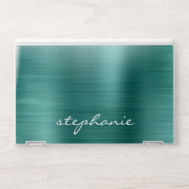 Emerald Green Faux Brushed Metal Personalized HP Laptop Skin (Front)