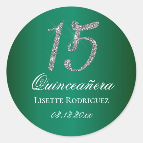 Emerald Green Faux Glitter 15 Quinceanera Classic Round Sticker