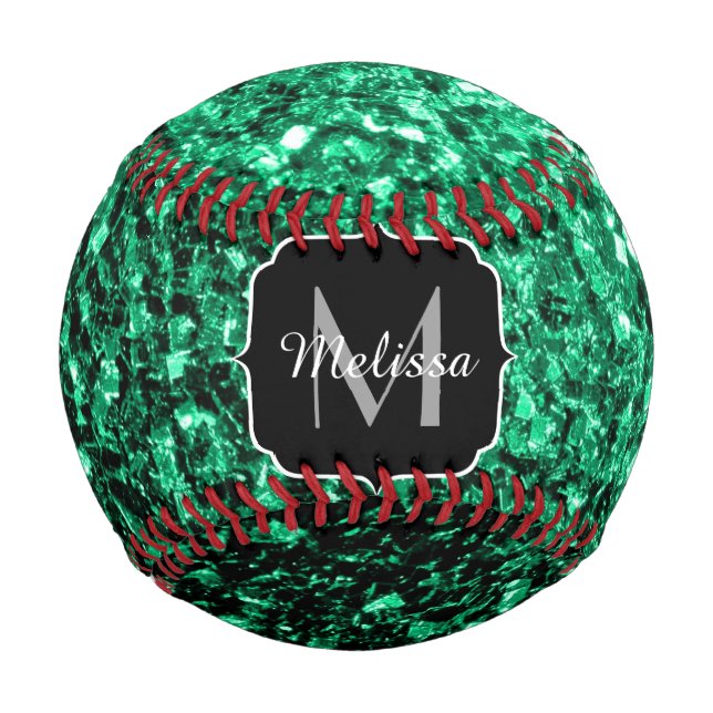 Emerald green faux glitter sparkle Monogram name Baseball (Front)