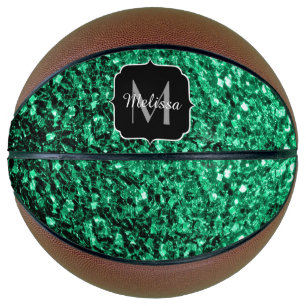 Emerald green faux glitter sparkle Monogram name Basketball