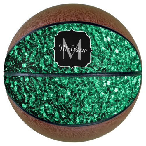 Emerald green faux glitter sparkle Monogram name Basketball