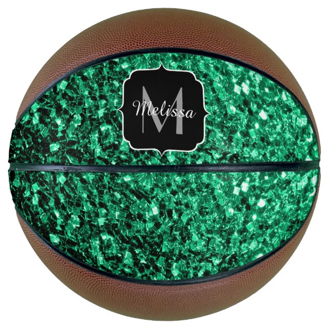 Emerald green faux glitter sparkle Monogram name Basketball (Front)