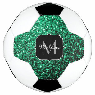 Emerald green faux glitter sparkle Monogram name Soccer Ball