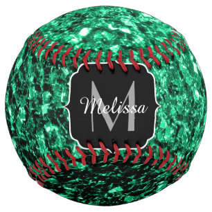Emerald green faux glitter sparkle Monogram name Softball