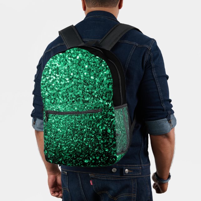 Emerald green faux glitter sparkles and black printed backpack (Insitu (Model))
