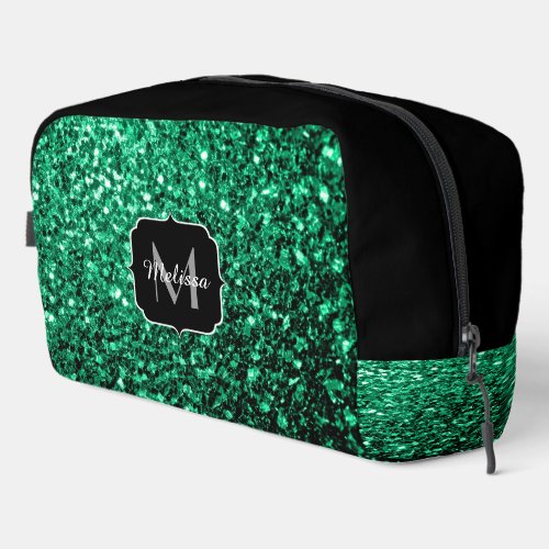 Emerald green faux glitter sparkles black Monogram Dopp Kit