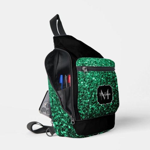 Emerald green faux glitter sparkles Black Monogram Sling Bag