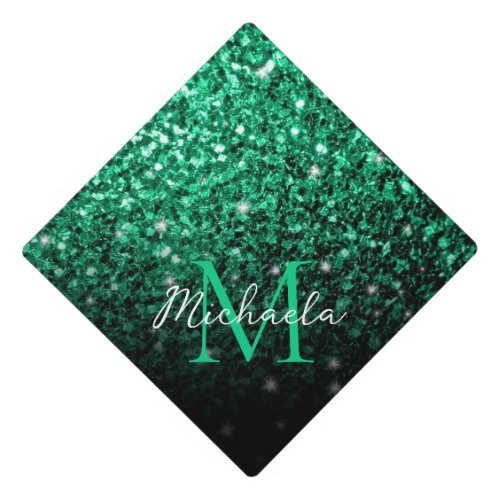 Emerald Green faux glitter sparkles bling Monogram Graduation Cap Topper