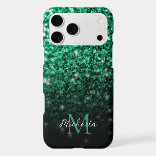 Emerald Green faux glitter sparkles bling Monogram iPhone 17 Pro Max Case