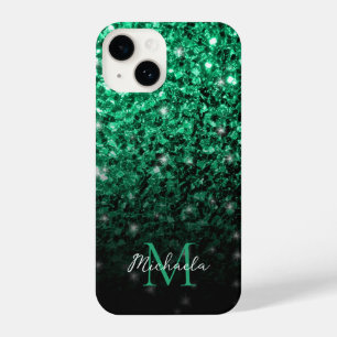 Emerald Green faux glitter sparkles bling Monogram iPhone 14 Case