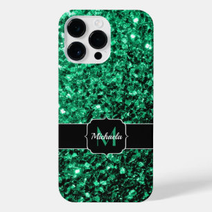 Emerald Green faux glitter sparkles bling Monogram iPhone 14 Pro Max Case