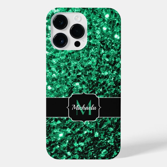 Emerald Green faux glitter sparkles bling Monogram iPhone Case (Back)