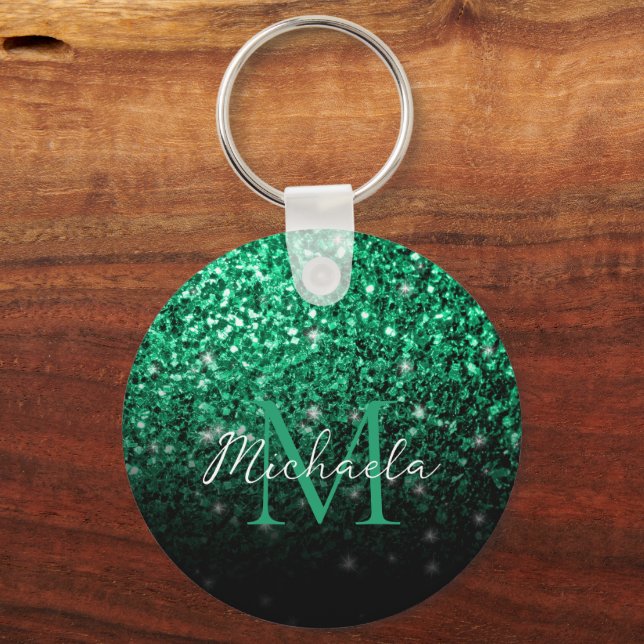 Emerald Green faux glitter sparkles bling Monogram Keychain (Front)