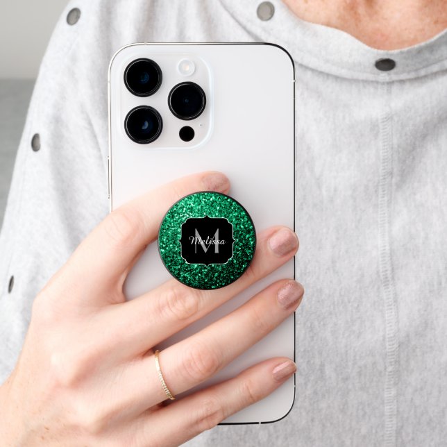 Emerald Green faux glitter sparkles bling Monogram PopSocket (Hand)