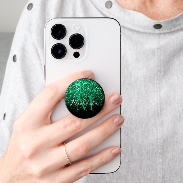 Emerald Green faux glitter sparkles bling Monogram PopSocket (Hand)