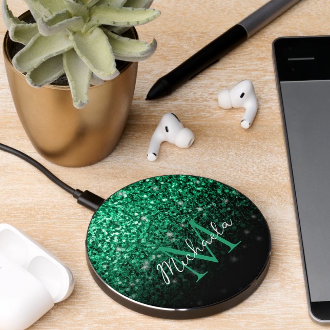 Emerald Green faux glitter sparkles bling Monogram Wireless Charger (Desk 2)