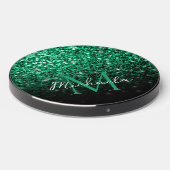 Emerald Green faux glitter sparkles bling Monogram Wireless Charger (Front 2)