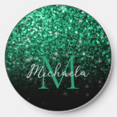 Emerald Green faux glitter sparkles bling Monogram Wireless Charger (Front)