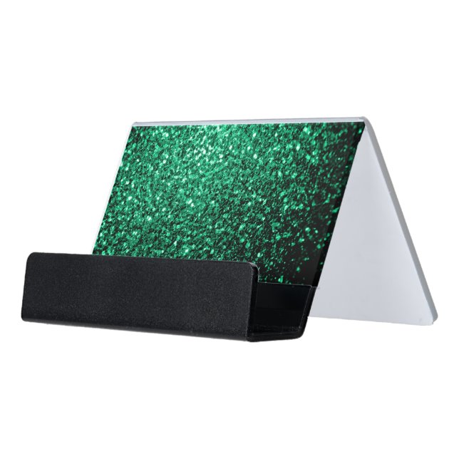 Emerald Green faux glitter sparkles Desk Business Card Holder (Angled Front)