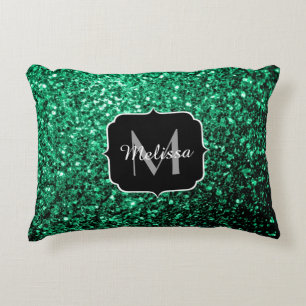 Emerald Green faux glitter sparkles Monogram Accent Pillow